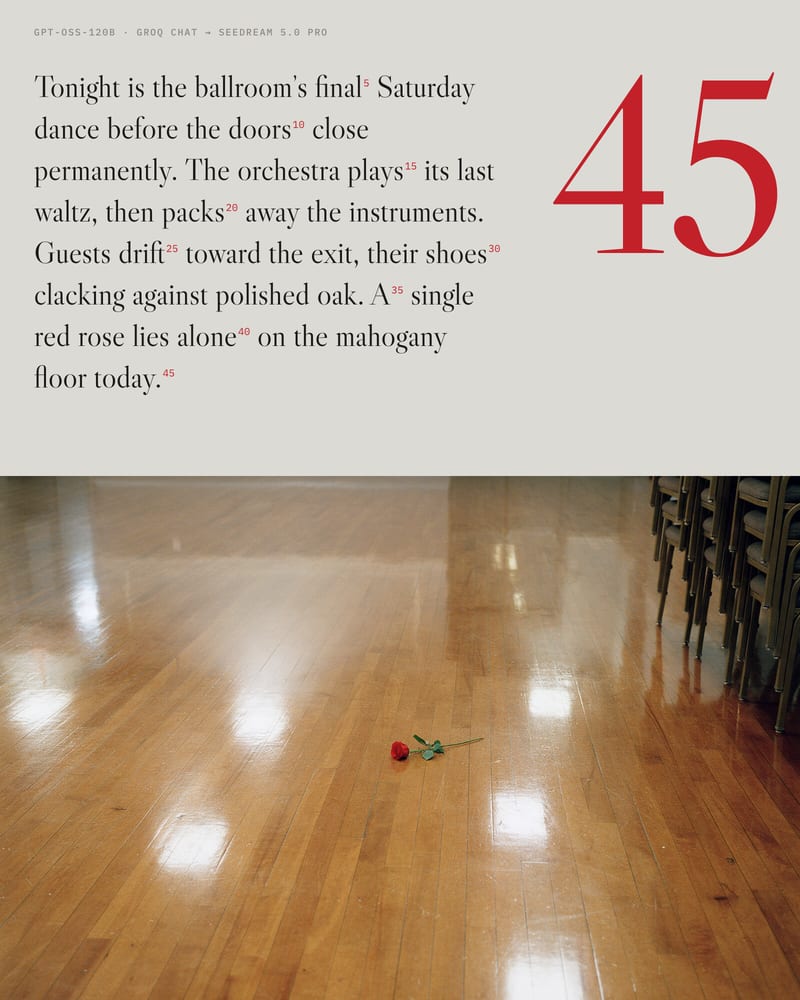 A 45-word ballroom radio spot beside a large red 45, above a photo of one red rose on an empty polished dance floor