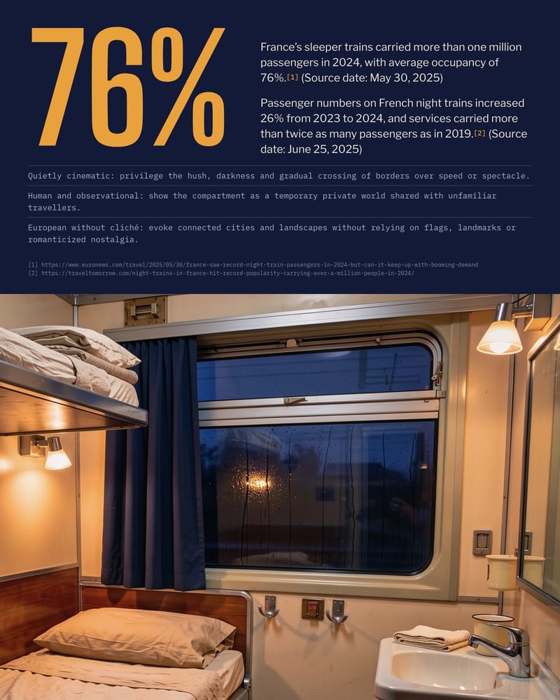 Sleeper-train brief on midnight blue: a large 76%, two cited night-train stats and tone notes, above a lamplit compartment photo