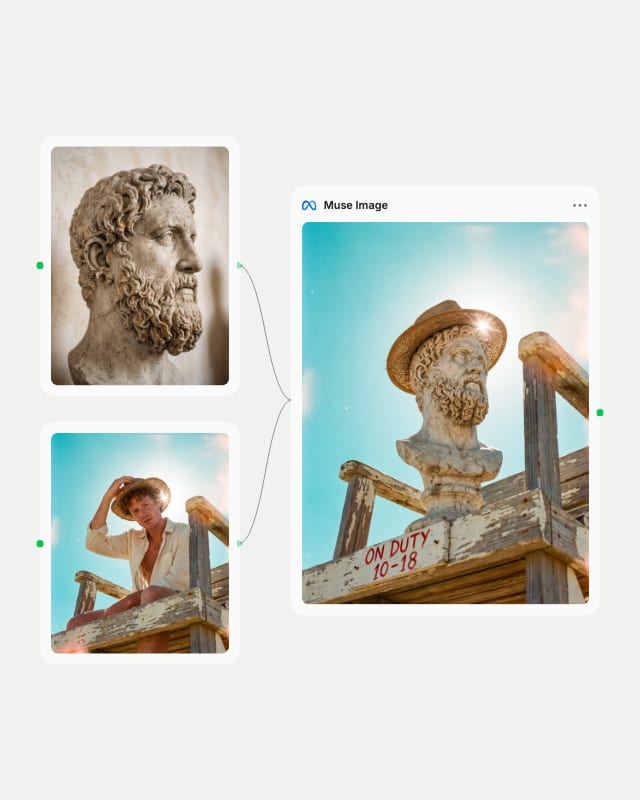Muse Image flow in Fuser: a marble bust photo and a lifeguard-chair photo wired into the node, output showing the bust in a straw hat on the chair