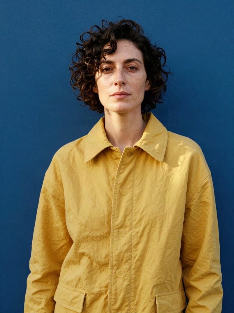 Z-Image fashion portrait of a woman with short dark curls wearing a yellow jacket against a blue wall.