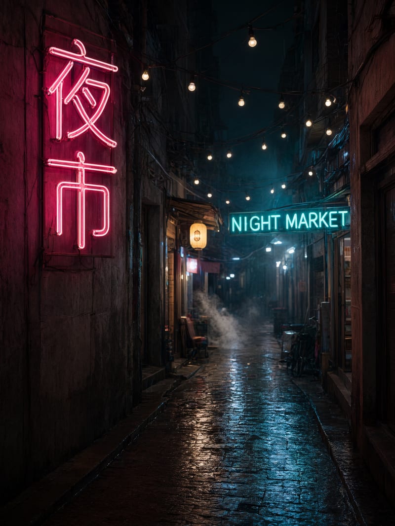 Rain-soaked alley at night with a red neon sign reading 夜市, a cyan neon NIGHT MARKET sign, string lights, and a glowing paper lantern