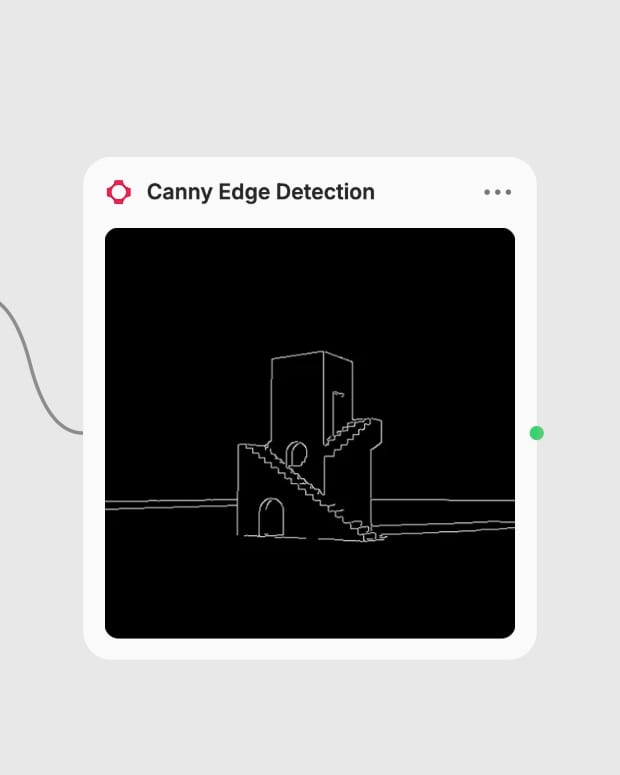 Completed stair-tower edge map displayed inside the actual Canny Edge Detection node.