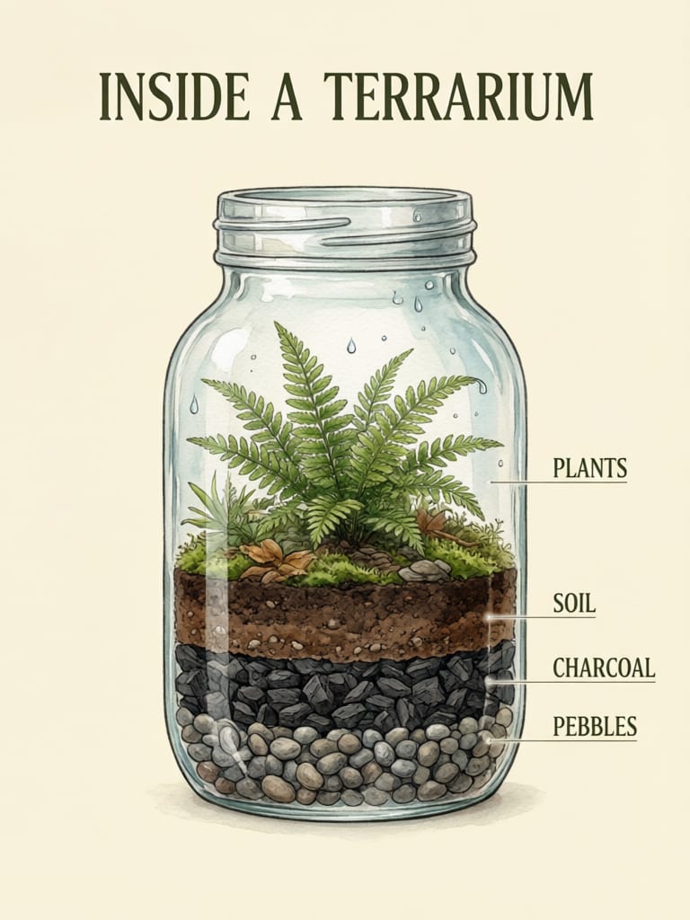 Illustrated terrarium cutaway with labeled plants, soil, charcoal, and pebbles.