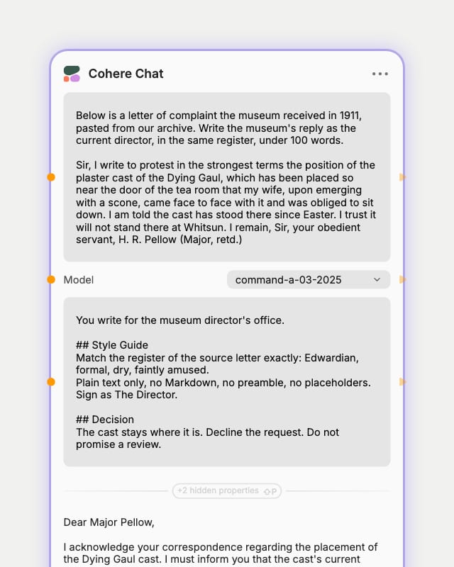 Cohere Chat node with a pasted 1911 complaint letter as the prompt, command-a selected and an Edwardian-register system prompt