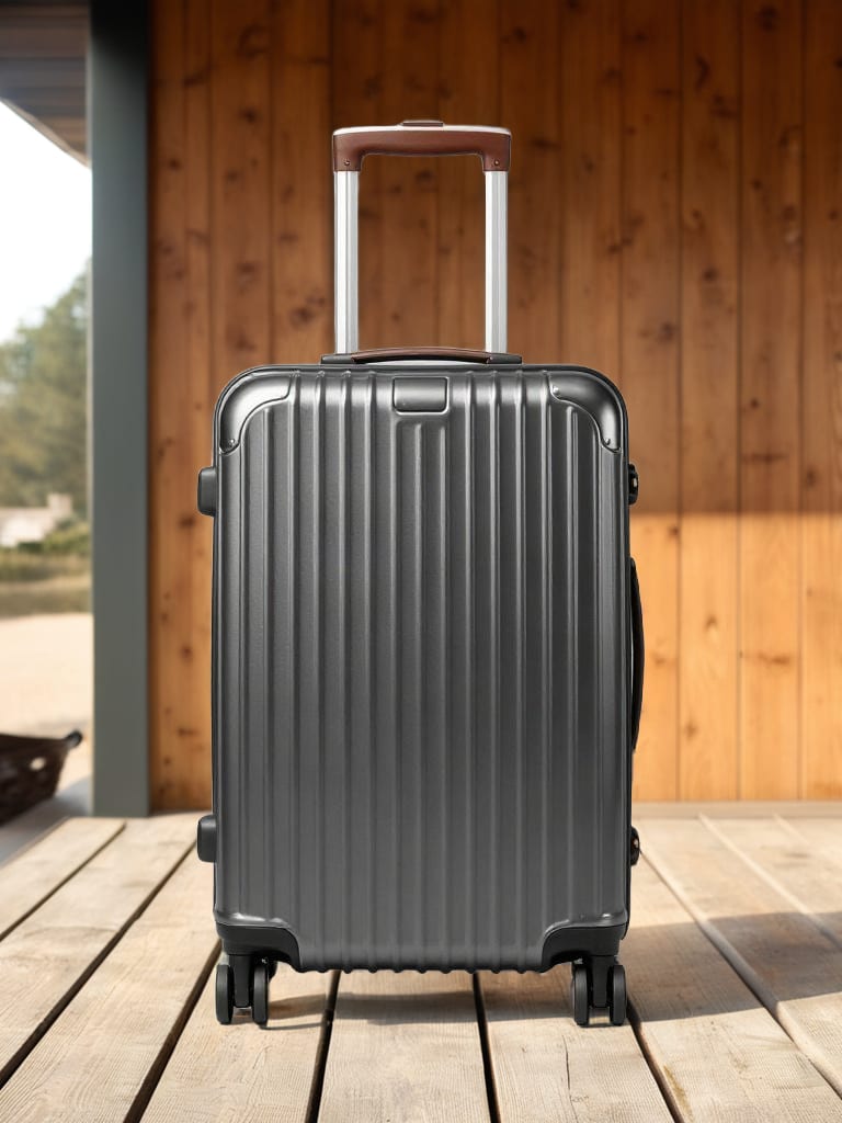 Charcoal rolling suitcase staged on weathered teak decking.