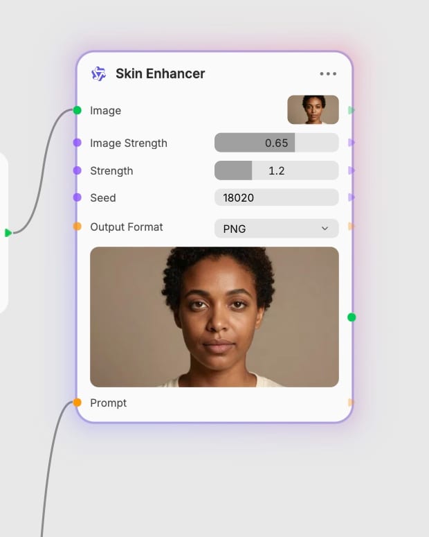 Skin Enhancer controls in Fuser showing Image Strength 0.65, enhancement Strength 1.2, and the resulting portrait.