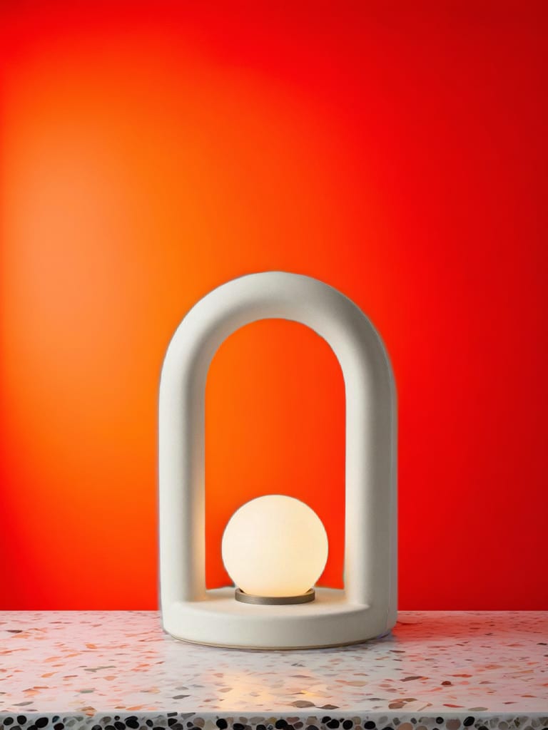 Ivory sculptural arch lamp staged on speckled terrazzo against vivid vermilion.