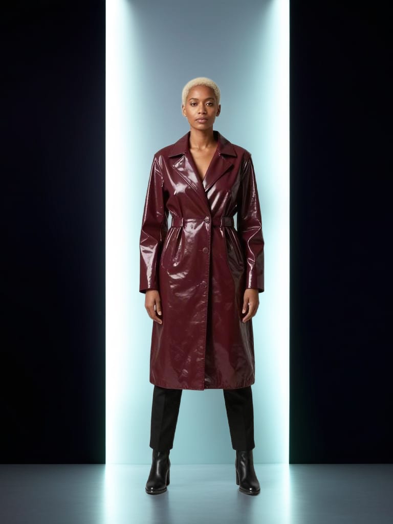 Burgundy vinyl fashion editorial with dramatic cool studio lighting.