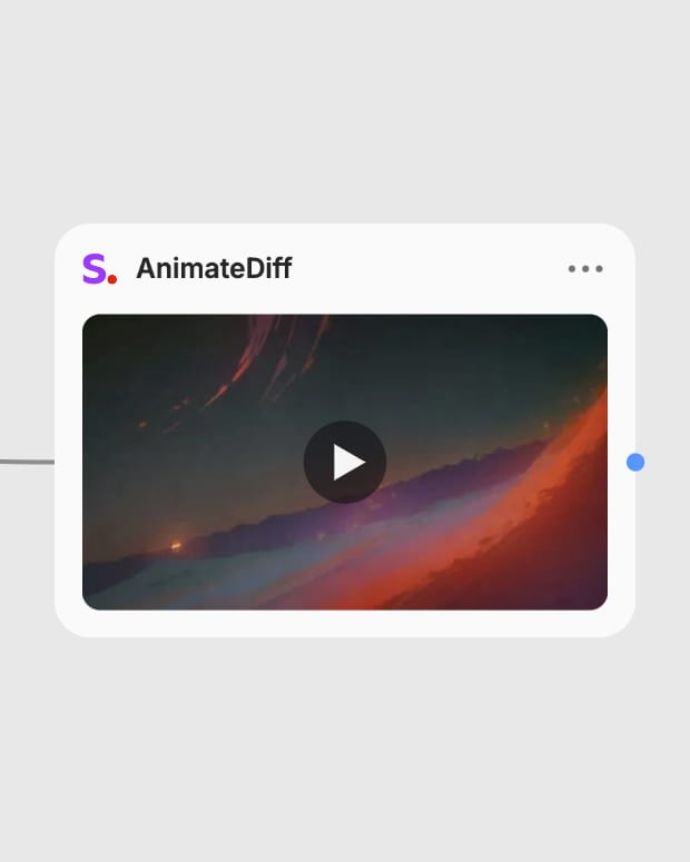 AnimateDiff result node showing a paper-cut desert animation beneath an amber moon.