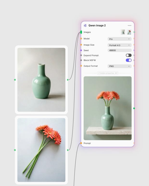 Two dedicated vase and flower reference images connected to Qwen Image 2 Pro in Fuser, alongside their combined result.