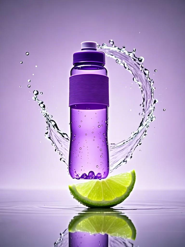Violet water bottle suspended above a lime wedge with frozen water splashes.