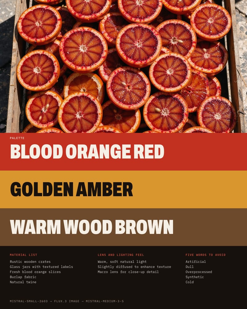 Overhead photo of halved blood oranges in a crate above three palette bands named Blood Orange Red, Golden Amber and Warm Wood Brown