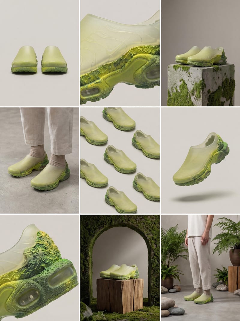 Nine-panel product visualization concept board with translucent green shoes, material details and lifestyle scenes.
