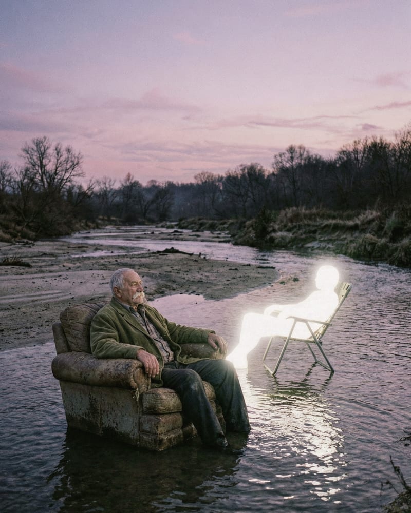 Old man with a white moustache in a waterlogged armchair mid-creek at purple dusk, beside a glowing white figure in a lawn chair