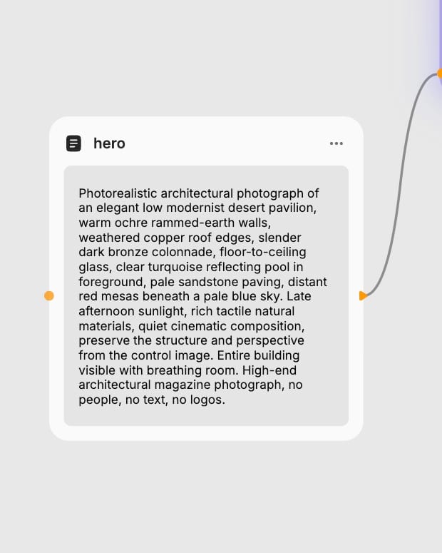 Real Fuser Text node describing the pavilion materials, lighting and composition.