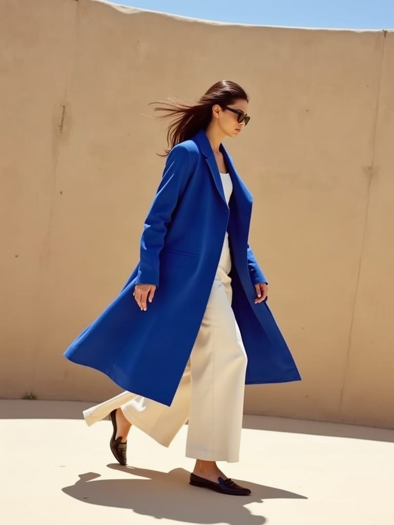 Fashion concept of a model in a cobalt coat walking beside a sand-colored wall, generated with FLUX.1 Dev.