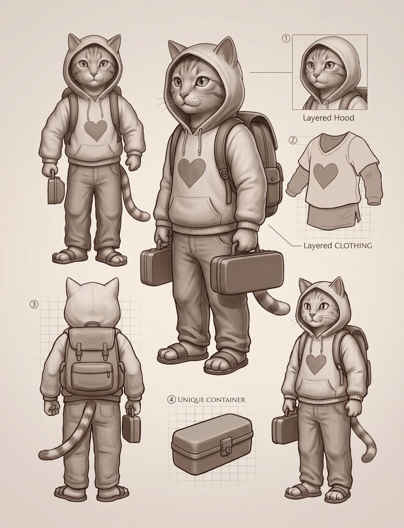 Character concept sheet of a cat in a hoodie and backpack, with multiple views and clothing details.