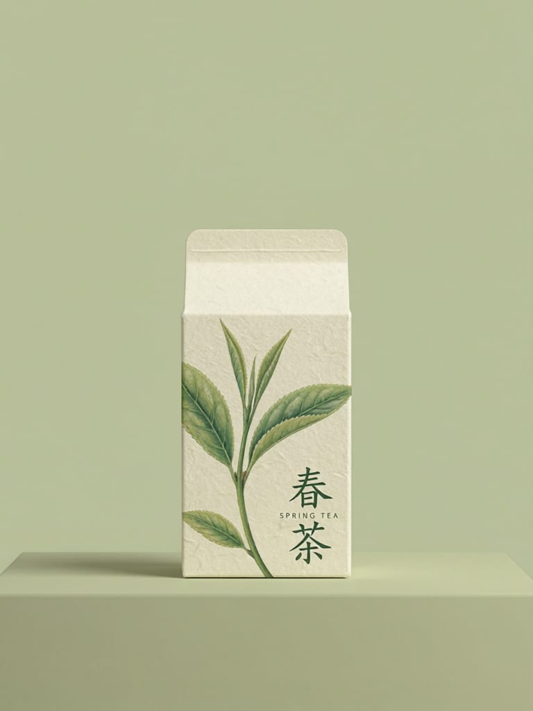 Cream tea carton decorated with green leaves and Chinese 春茶 lettering.