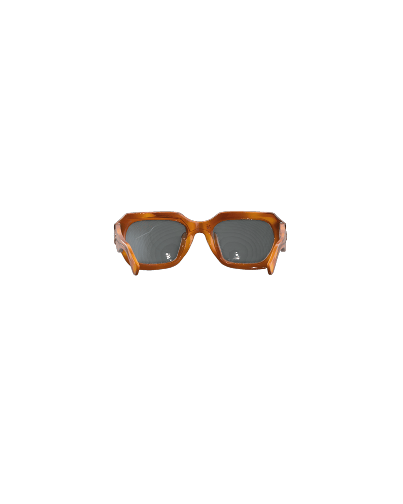 geometric thick translucent amber acetate sunglasses, folded partly open, angular green-tinted lenses, premium eyewear concept — rendered from a native tripo-3d 3D generation