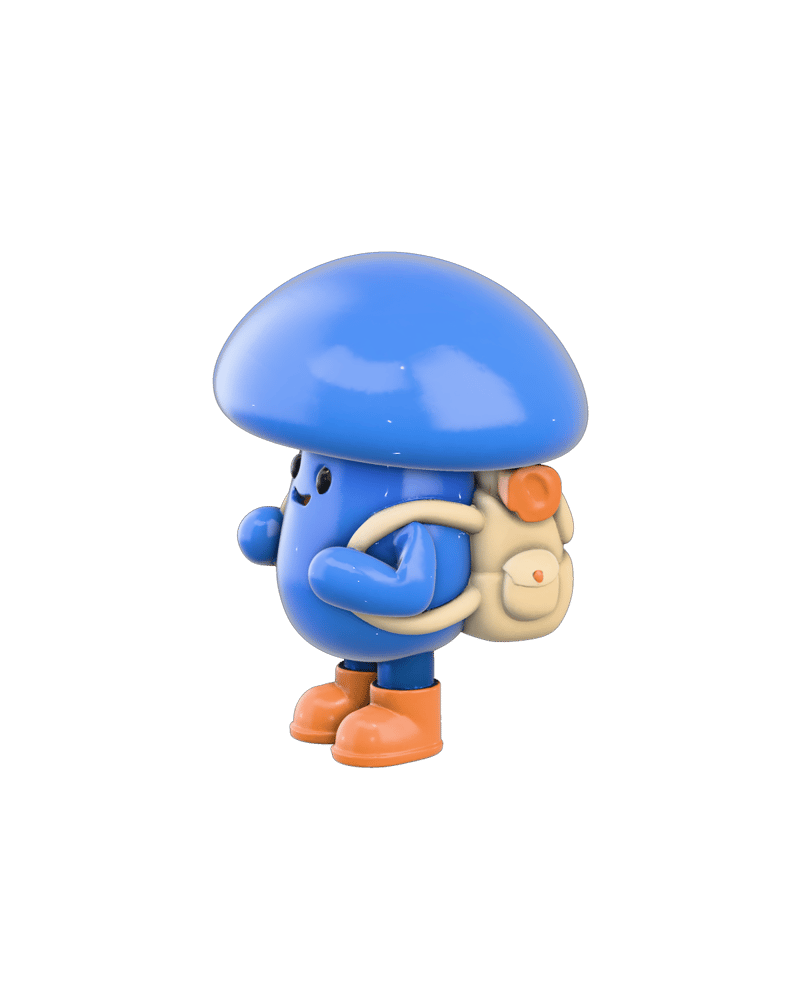 original stylized vinyl collectible cheerful cobalt-blue mushroom explorer, orange boots, cream backpack, charming toy proportions — rendered from a native tripo-3d 3D generation