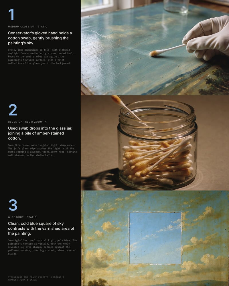 Three-shot storyboard: a gloved hand cleaning a painted sky, a jar of amber swabs, and a cleaned square of blue sky