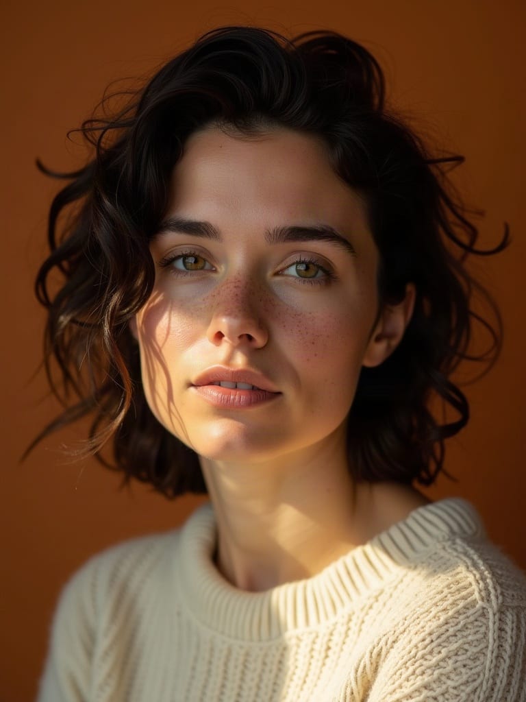 Freckled woman with dark curls and a cream knitted sweater in warm window light, generated with FLUX.1 Dev.