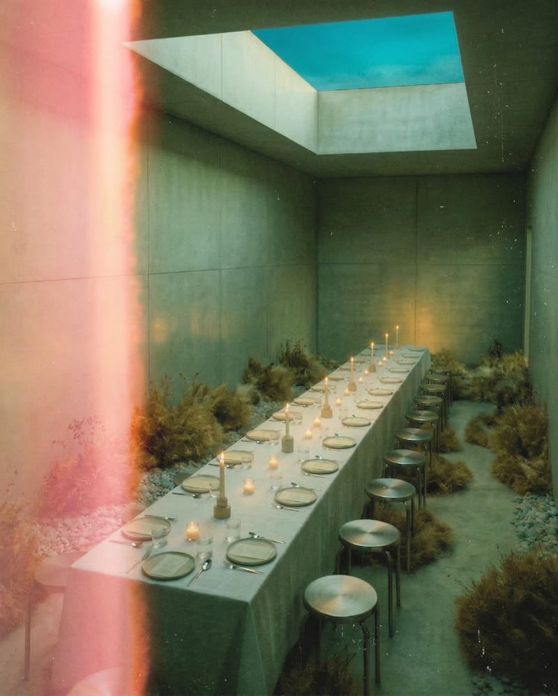 Interior concept with a long dining table in a concrete room, mossy planting, a skylight and pink accent lighting.