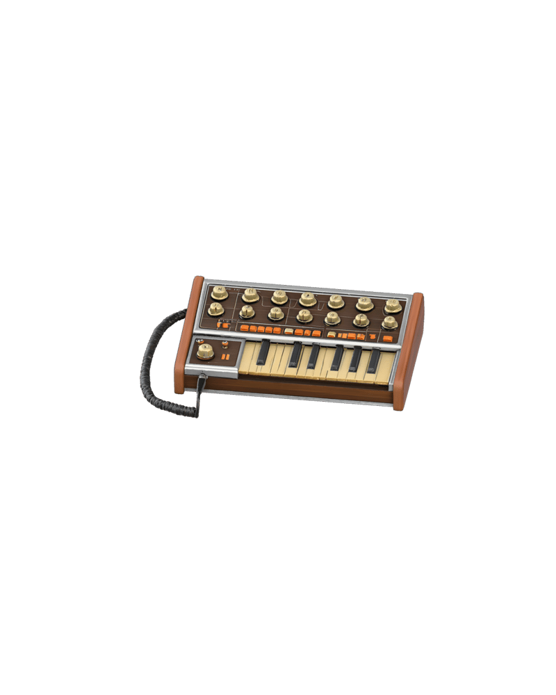 analog synthesizer console with physical tactile ivory knobs, orange buttons, walnut cheeks, black and ivory miniature keyboard — rendered from a native tripo-3d 3D generation