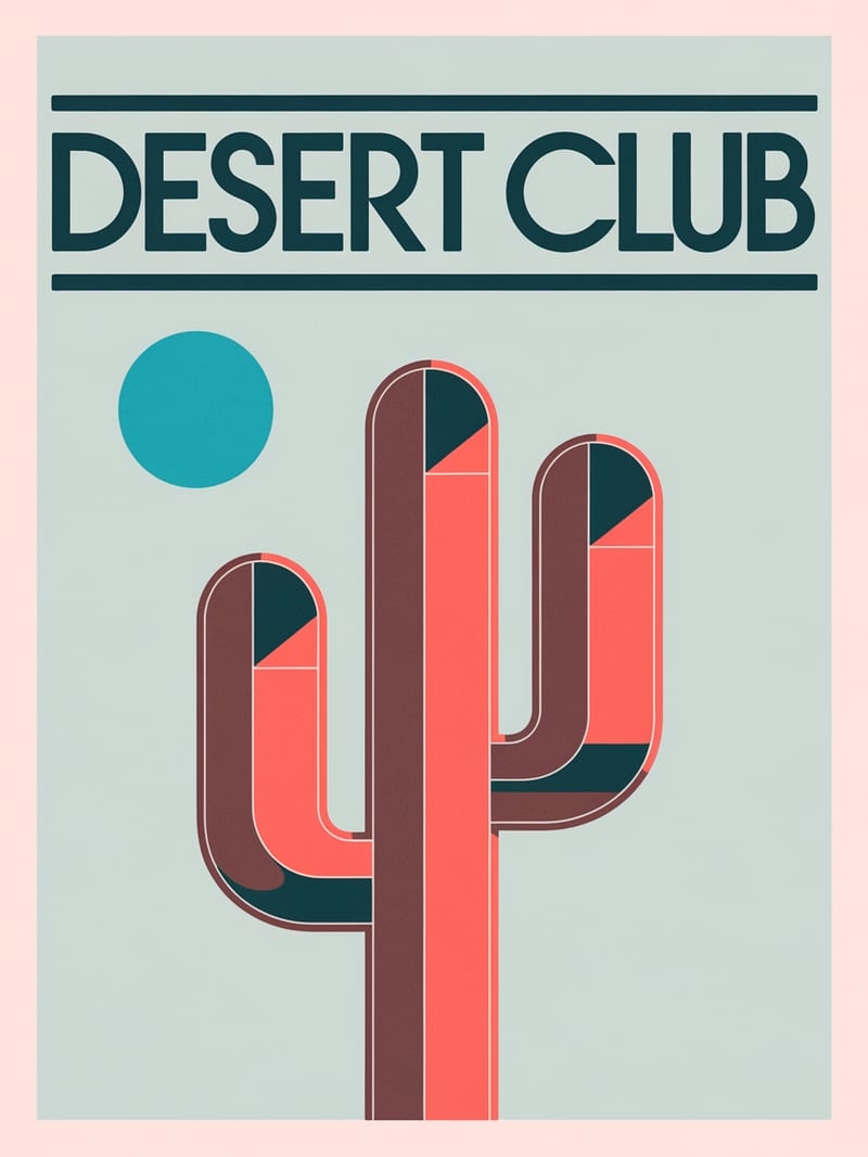 DESERT CLUB poster remixed into a dimensional coral cactus design with a cyan sun.