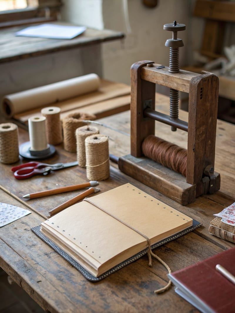Bookbinder tools, linen spools and an open notebook in a sunlit workshop.