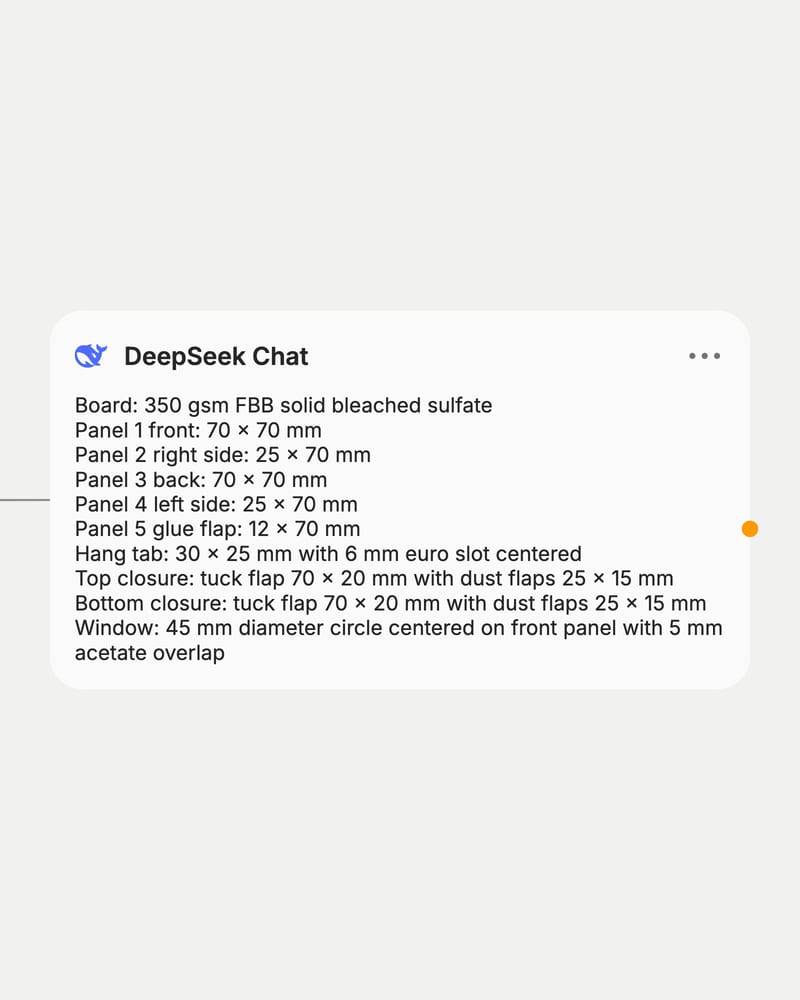 DeepSeek Chat node output: a ten-line dieline brief for a bicycle-bell carton with board, panel sizes, hang tab, closures and window