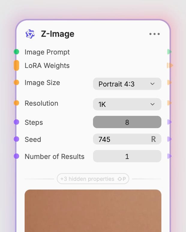 Z-Image settings in Fuser: Portrait 4:3, 1K resolution, eight steps, seed 745, and one result.