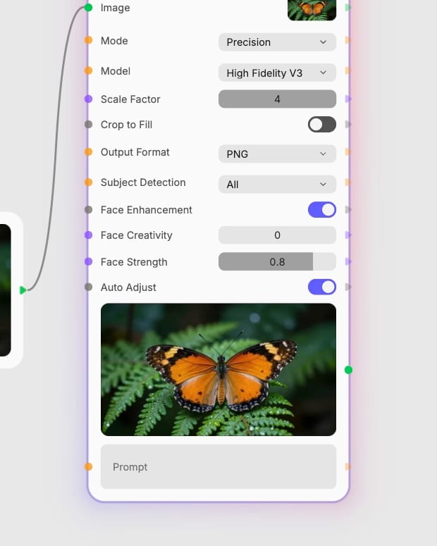 Topaz detail controls, PNG output format, and the completed butterfly upscale in Fuser.
