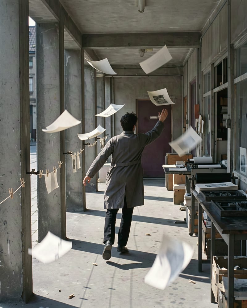 A man in a grey coat leaps after loose pages caught mid-air along a concrete arcade, papers frozen in flight