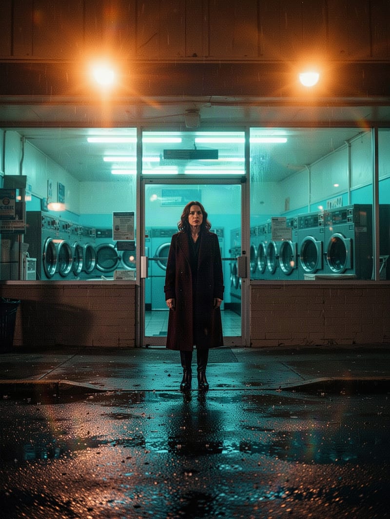 Fictional cinematic scene of a woman outside a cyan-lit laundromat with warm orange flare, generated with FLUX.2 Turbo