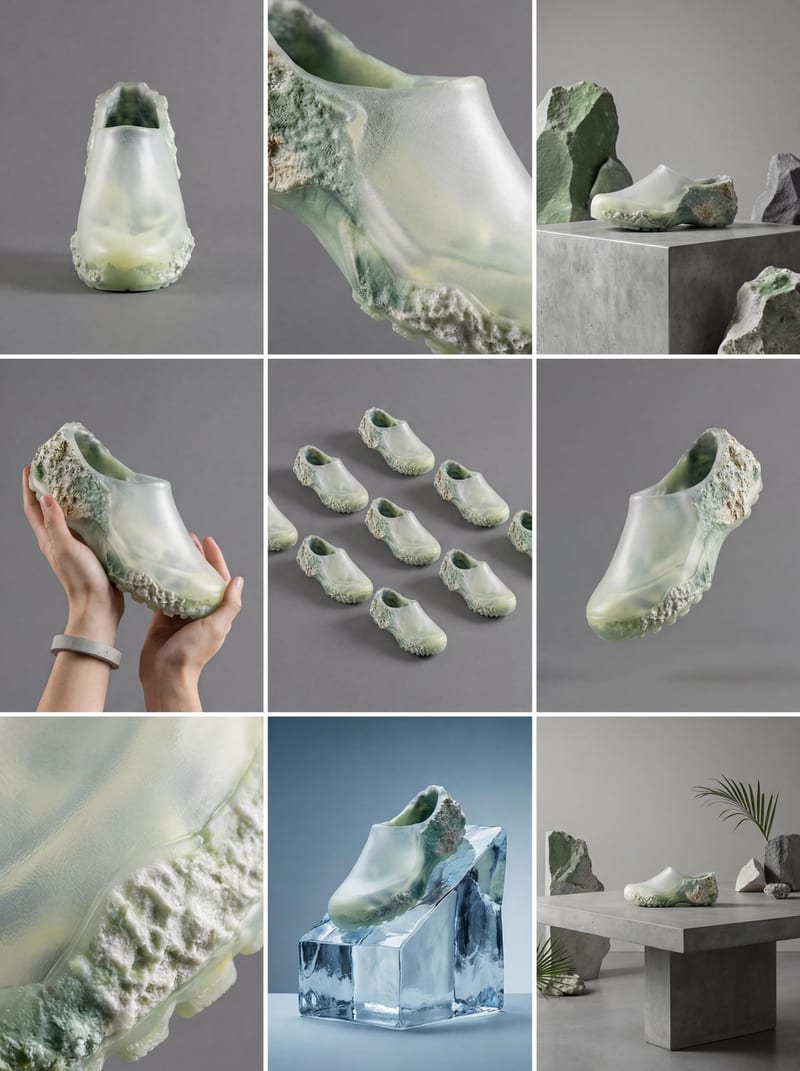 Footwear concept board showing pale-green textured sneakers from multiple angles and in sculptural settings.