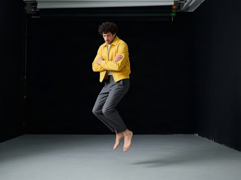 Full-length fashion photograph of a man in a yellow jacket and gray trousers captured mid-jump against black.