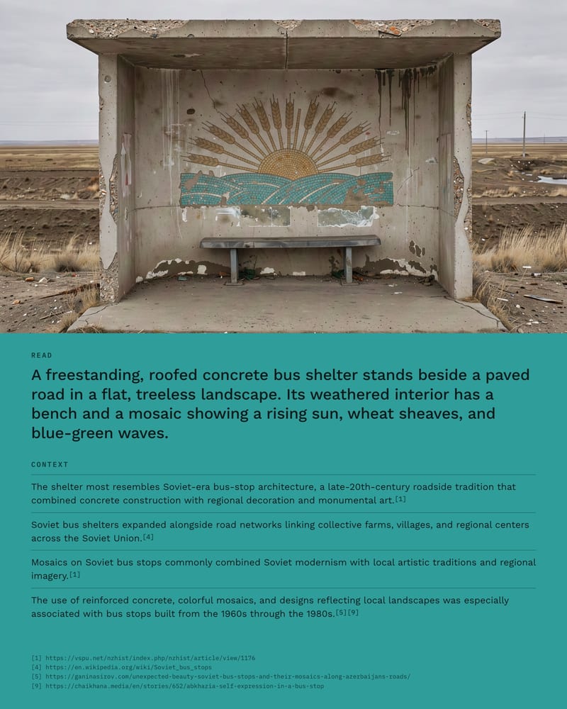Photo of a Soviet-era concrete bus shelter with a sun-and-wheat mosaic above a turquoise panel with its literal read and cited context