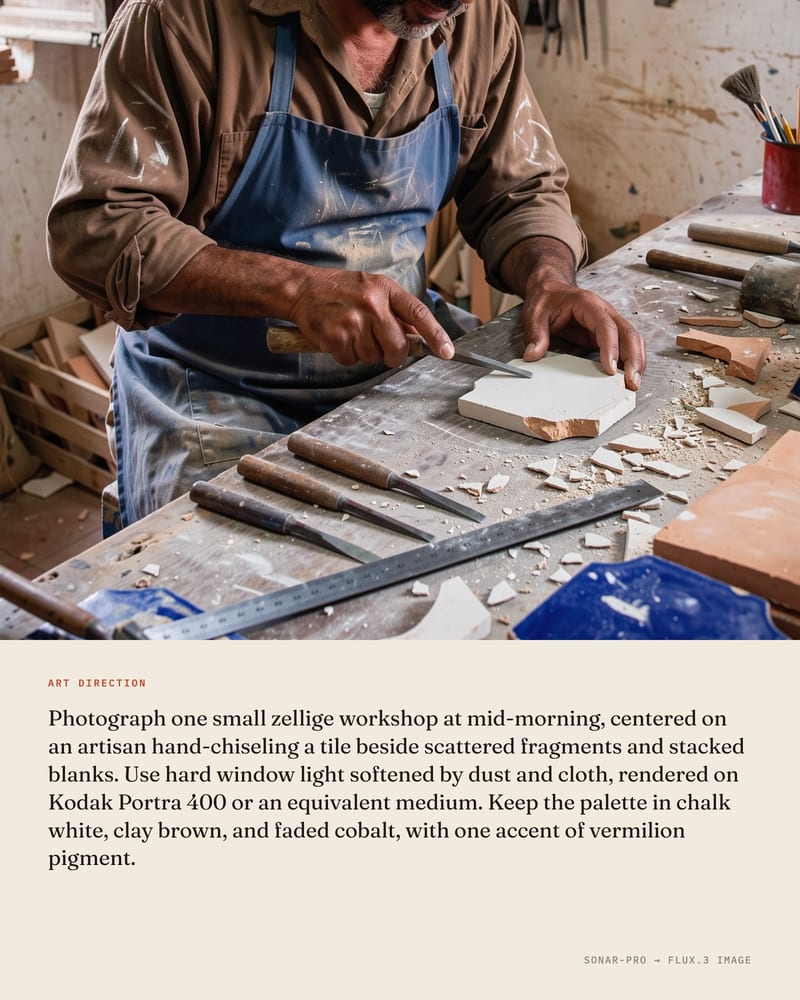 Close crop of hands chiselling a zellige tile on a dusty bench, above the art direction note that produced the photo