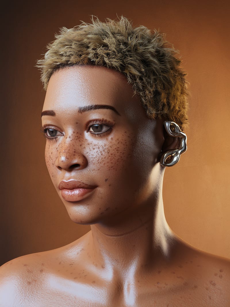 Close-up jewelry portrait with natural skin texture and a sculptural silver ear cuff.