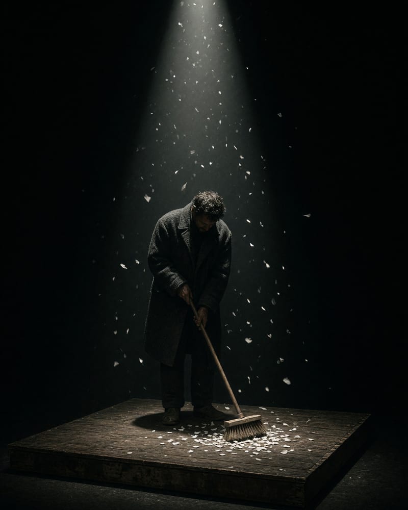 Grainy film photo of a stagehand in a dark wool coat sweeping paper snow on a wooden riser under a single overhead spotlight in a black void