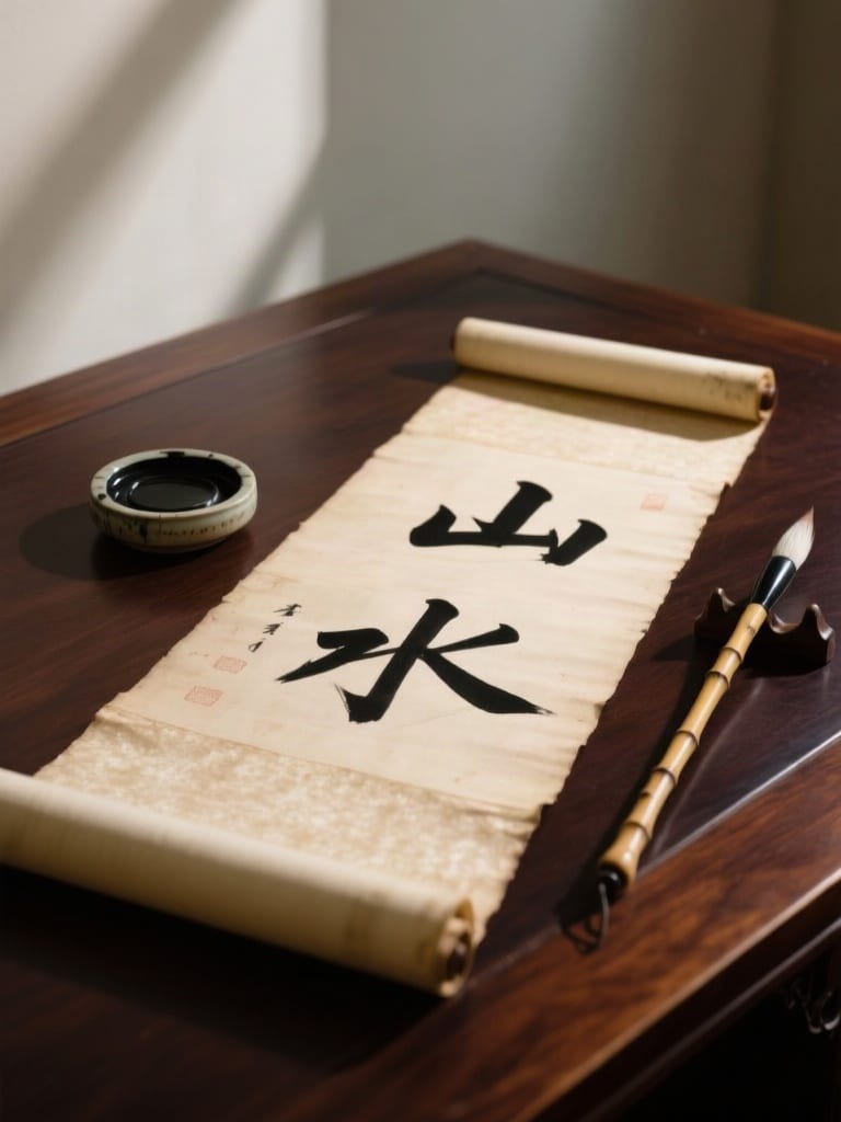 Traditional Chinese calligraphy on an ivory scroll beside an ink dish and brush.