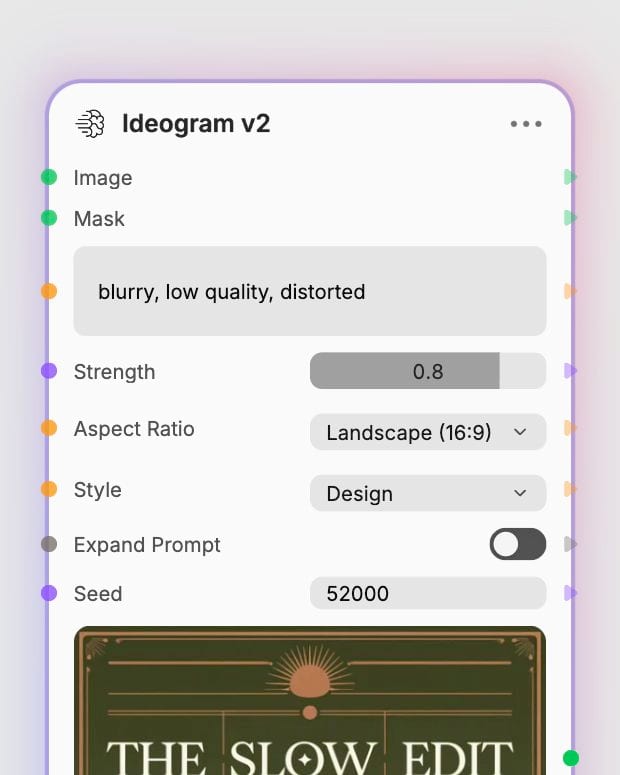 Ideogram v2 controls in Fuser showing Design style, landscape aspect ratio, and seed.