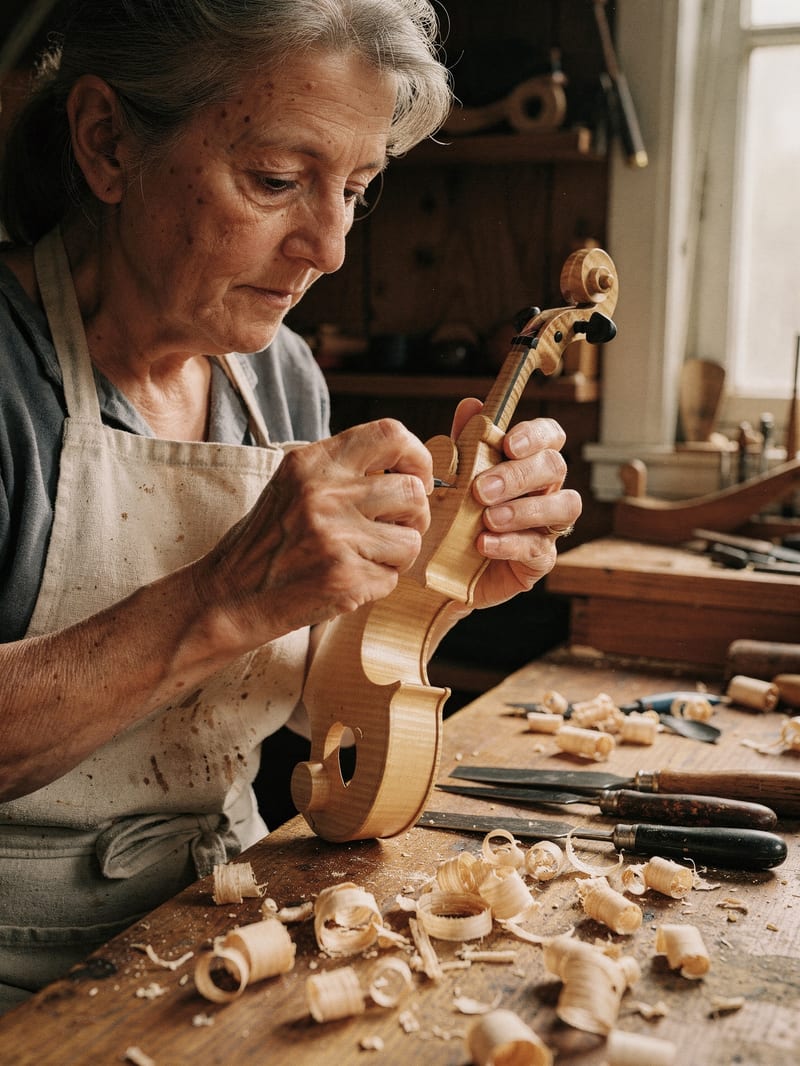 Fictional documentary portrait of a woman crafting a violin in a sunlit workshop, generated with FLUX.2 Pro