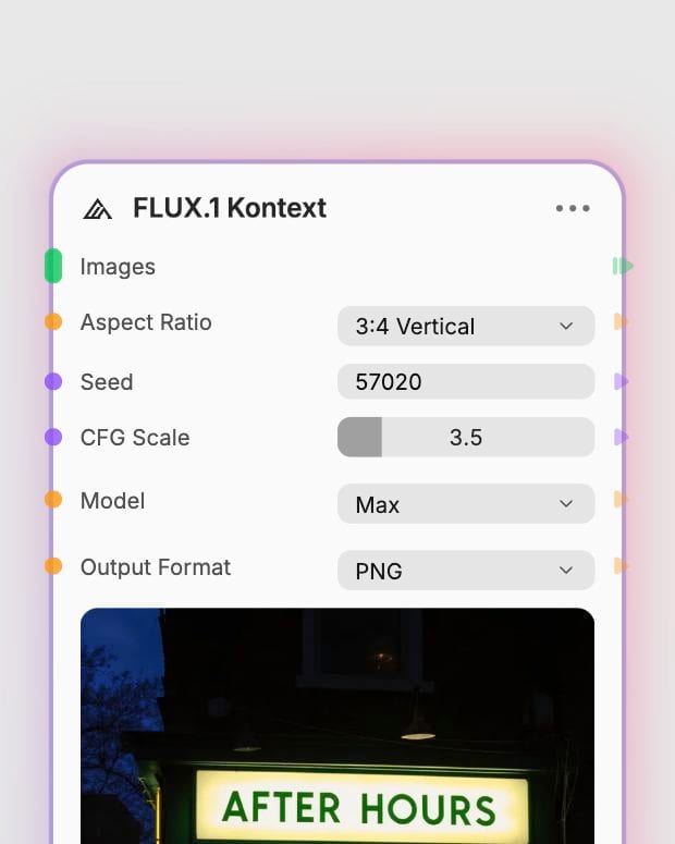 FLUX.1 Kontext controls in Fuser showing the Max tier, portrait aspect ratio and PNG output.