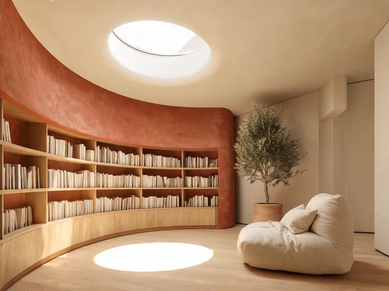 Terracotta and pale-oak reading room with a circular skylight, generated with Seedream 5.0 Lite.