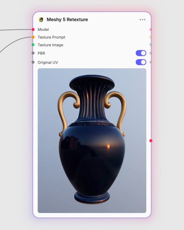 Meshy Retexture displaying the native cobalt and gold amphora