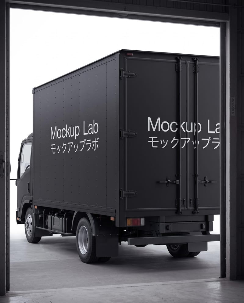 Brand application concept showing a black delivery truck with white lettering inside an industrial loading bay.
