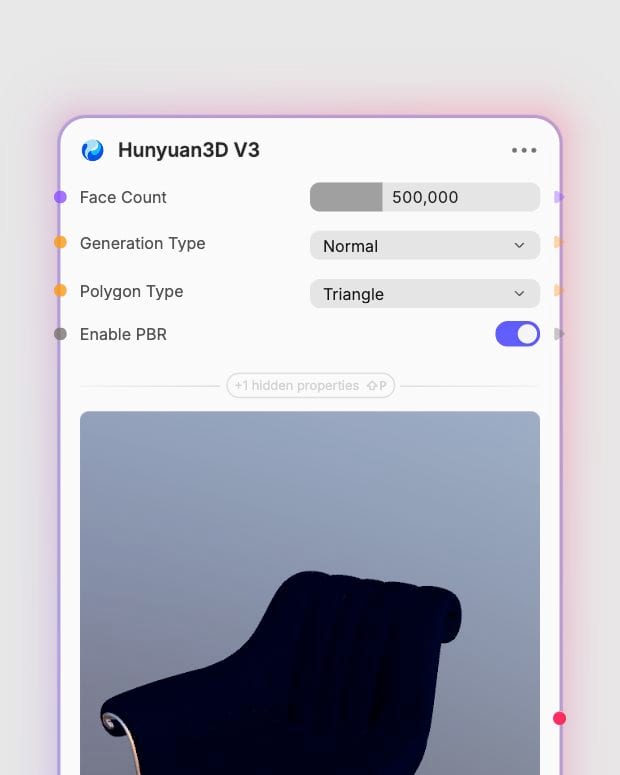 Hunyuan3D V3 node in Fuser showing face count, generation type, polygon type, and PBR controls.