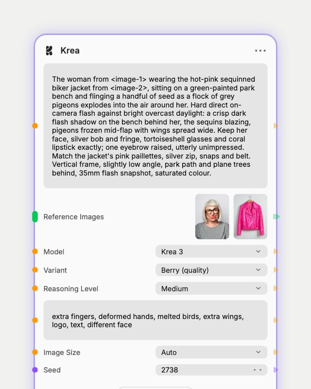 Krea node set to Krea 3, Berry, Medium reasoning, with two reference images, a tagged prompt, a negative prompt, Auto size and seed 2738